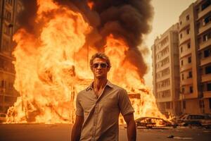 ai genererad en man stående i främre av en brinnande byggnad bokeh stil bakgrund med generativ ai foto