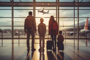 ai genererad resande familj väntar för en flyg på de flygplats terminal på deras Semester. resa begrepp foto
