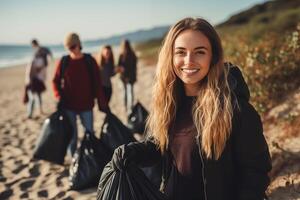 ai genererad de eco aktivister samlar sopor från de stranden. miljö- bevarande och ekologi foto