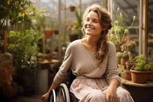 ai genererad Lycklig trädgårdsmästare ung disable kvinna Sammanträde i rullstol arbetssätt på henne gargen i växthus foto