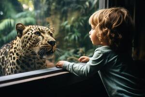 ai genererad ett förvånad unge ser på de vild djur i en Zoo. ai genererad foto