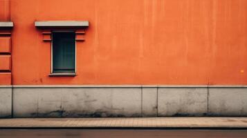ai genererad värma orange tonad urban vägg med en enda fönster på en solig dag, texturer av ålder och enkelhet. stad väg sida promenad. foto