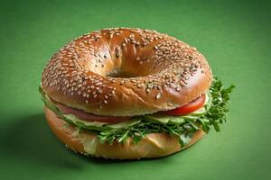 ai genererad bagel smörgås på grön bakgrund foto