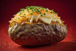 ai genererad bakad potatis på röd bakgrund foto