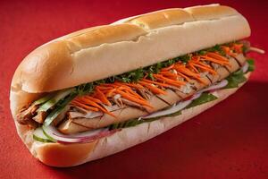 ai genererad lång smörgås med kött och grönsaker på röd bakgrund foto