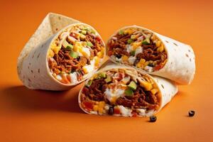 ai genererad burrito på orange bakgrund foto