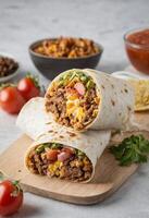 ai genererad burrito på skärande styrelse foto