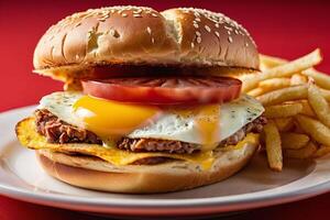ai genererad frukost smörgås uppsättning med ägg, ost och frites på röd bakgrund foto