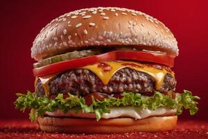 ai genererad dubbel- bulle burger med ost på röd foto