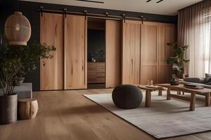 ai genererad modern japandi interiör design lägenhet, neuralt nätverk genererad fotorealistisk bild foto