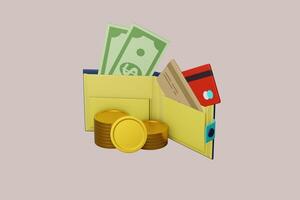 3d plånbok begrepp. pengar väska, mynt stack och sedlar. 3d framställa illustration foto
