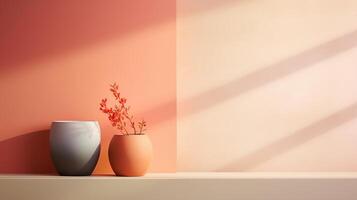 ai genererad minimalistisk sammansättning av rosa orange vägg och vit vas med växter. foto