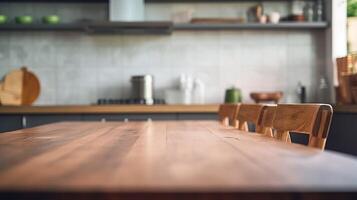 ai genererad tömma trä- tabell och stol i modern kök interiör, selektiv fokus. foto
