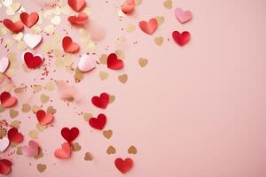 ai genererad hjärtan och konfetti på rosa bakgrund för valentines dag. foto