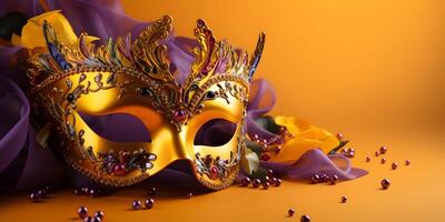 ai genererad färgrik traditionell venetian eller mardi gras karneval mask med dekoration för nationell festival firande på gul bakgrund med kopia Plats. foto