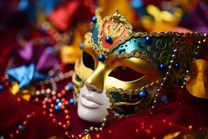 ai genererad färgrik traditionell venetian karneval mask med dekoration för nationell Venedig festival i Italien. foto