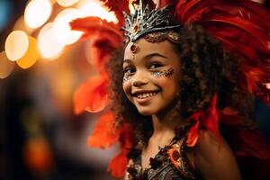 ai genererad skön närbild porträtt av flicka i traditionell samba dansa utrusta och smink för de brasiliansk karneval. rio de janeiro festival i Brasilien. foto