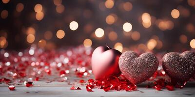 ai genererad festlig valentines bakgrund med blänkande rosa hjärtan dekoration och röd konfetti. alla hjärtans dag, mammor, kvinnor dag, bröllop eller födelsedag baner begrepp med kopia Plats. foto