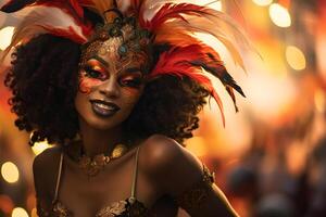 ai genererad skön närbild porträtt av ung kvinna i traditionell samba dansa utrusta och smink för de brasiliansk karneval. rio de janeiro festival i Brasilien. foto