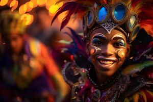 ai genererad skön närbild porträtt av ung man i traditionell samba dansa utrusta och smink för de brasiliansk karneval. rio de janeiro festival i Brasilien. foto