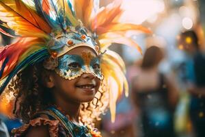 ai genererad skön närbild porträtt av flicka i traditionell samba dansa utrusta och smink för de brasiliansk karneval. rio de janeiro festival i Brasilien. foto