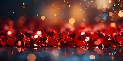 ai genererad festlig valentines bakgrund med gnistrande röd hjärtan konfetti dekoration och kopia Plats. alla hjärtans dag, mammor, kvinnor dag, bröllop eller födelsedag baner begrepp. foto