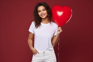 ai genererad ung brunett kvinna med hjärta ballong i de hand, bär bella duk vit skjorta mockup, röd bakgrund. valentines dag eller födelsedag design tshirt mall, skriva ut presentation. foto