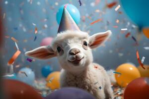 ai genererad Lycklig söt lamm i en fest hatt åtnjuter och firar en födelsedag omgiven förbi faller konfetti och ballonger. sällskapsdjur födelsedag begrepp på ljus bakgrund. foto