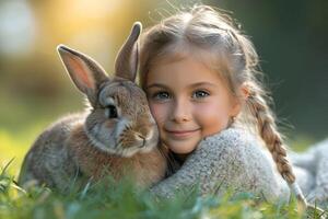 ai genererad söt liten flicka med kanin, kanin på de vår äng med grön gräs. påsk Semester begrepp. foto
