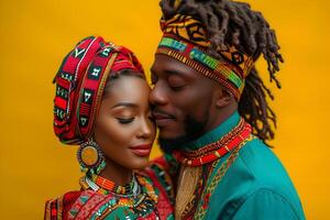 ai genererad svart historia månad baner med afrikan-amerikan ung par porträtt i nationell kläder över gul bakgrund. juni frihet dag firande, afrikansk befrielse dag begrepp. foto