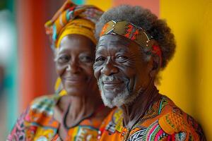 ai genererad svart historia månad baner med afrikan-amerikan äldre par porträtt i nationell kläder över röd gul grön bakgrund. juni frihet dag firande, afrikansk befrielse dag. foto