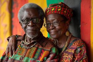ai genererad svart historia månad baner med afrikansk amerikan äldre par porträtt i nationell kläder över röd gul grön bakgrund. juni frihet dag firande, afrikansk befrielse dag. foto