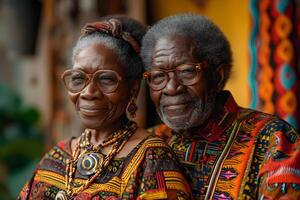 ai genererad svart historia månad baner med afrikan-amerikan äldre par porträtt i nationell kläder över röd gul grön bakgrund. juni frihet dag firande, afrikansk befrielse dag. foto