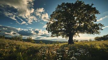 ai genererad enorm träd och blomma fält, himmel och moln. natur och landskap resa. säsong sommar. foto