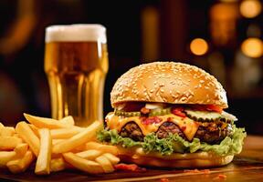ost burger burger med franska frites och en glas av öl på trä- styrelse foto