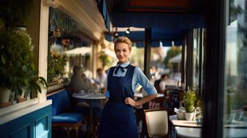 ai genererad trevlig värdinna flicka stående nära ingång till små europeisk stil Kafé. reception av gäster i restaurang. Söt ung kvinna servitör. ai genererad foto