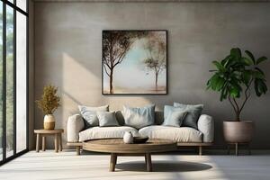 ai genererad interiör av modern levande rum med vit soffa och ljus. 3d tolkning. foto
