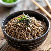 ai genererad soba nudel på restaurang på de morgon- traditionell mat foto