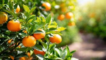 ai genererad citrus- grenar med organisk mogen färsk apelsiner mandariner växande på grenar med grön lämna bakgrund foto