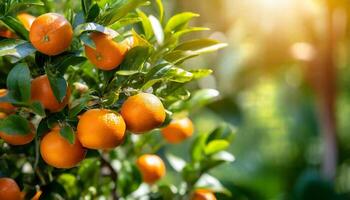 ai genererad citrus- grenar med organisk mogen färsk apelsiner mandariner växande på grenar med grön lämna bakgrund foto