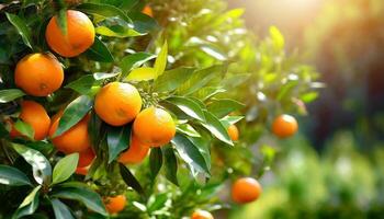 ai genererad citrus- grenar med organisk mogen färsk apelsiner mandariner växande på grenar med grön lämna bakgrund foto