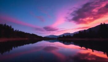 ai genererad skön rosa molnig solnedgång över en fortfarande berg sjö, dramatisk färger fotografera foto