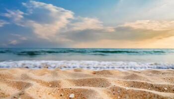 ai genererad stänga upp sand med suddig hav himmel bakgrund, sommar dag, kopia Plats eller för produkt. sommar foto