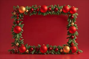 ai genererad jul dekorationer med en ram på en röd bakgrund. foto