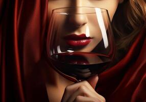 ai genererad elegant kvinna dricka röd vin. glamour och raffinemang. foto