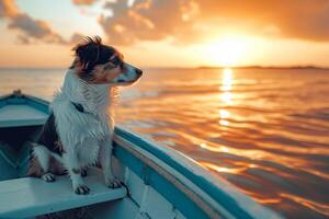 ai genererad hund på en båt nära de strand. små hund i en trä- båt på de sjö. generativ ai foto