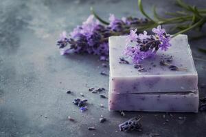 ai genererad naturlig tvål med lavendel- extrahera. handgjort tvål med lavendel- blommor. generativ ai foto