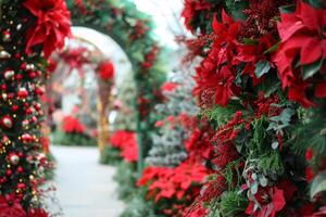 ai genererad archway med röd blommor på en grön naturlig bakgrund. festlig atmosfär. generativ ai foto