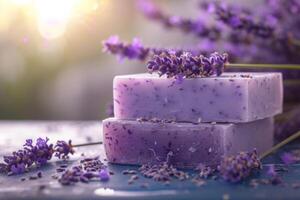 ai genererad naturlig tvål med lavendel- extrahera. handgjort tvål med lavendel- blommor. generativ ai foto