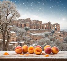 ai genererad frysta aprikoser och roman ruiner i vinter- med snöfall foto